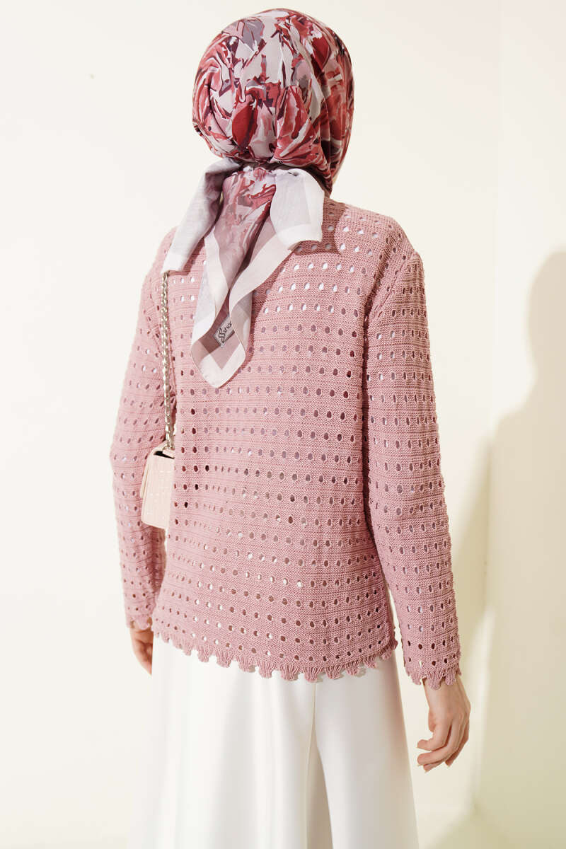 Buttoned Short Textured Openwork Cardigan Rose Dust – Image 3