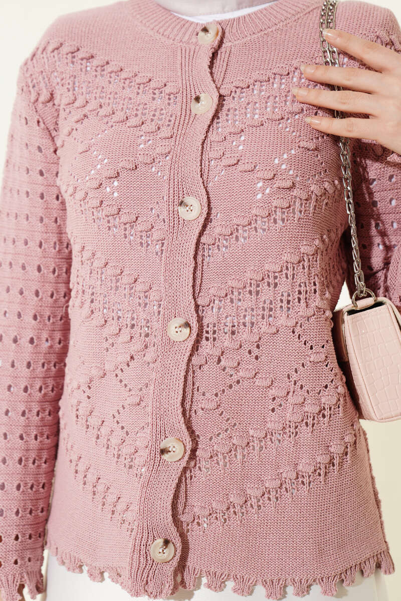 Buttoned Short Textured Openwork Cardigan Rose Dust – Image 4