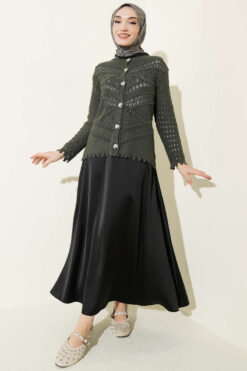 Alternative view of Buttoned Short Textured Openwork Cardigan Oil Green