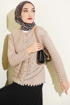 Buttoned Short Textured Openwork Cardigan Mink