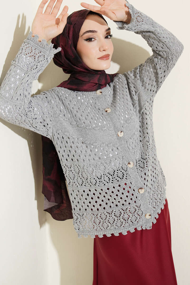 Button-Up Textured Short Knit Cardigan Grey
