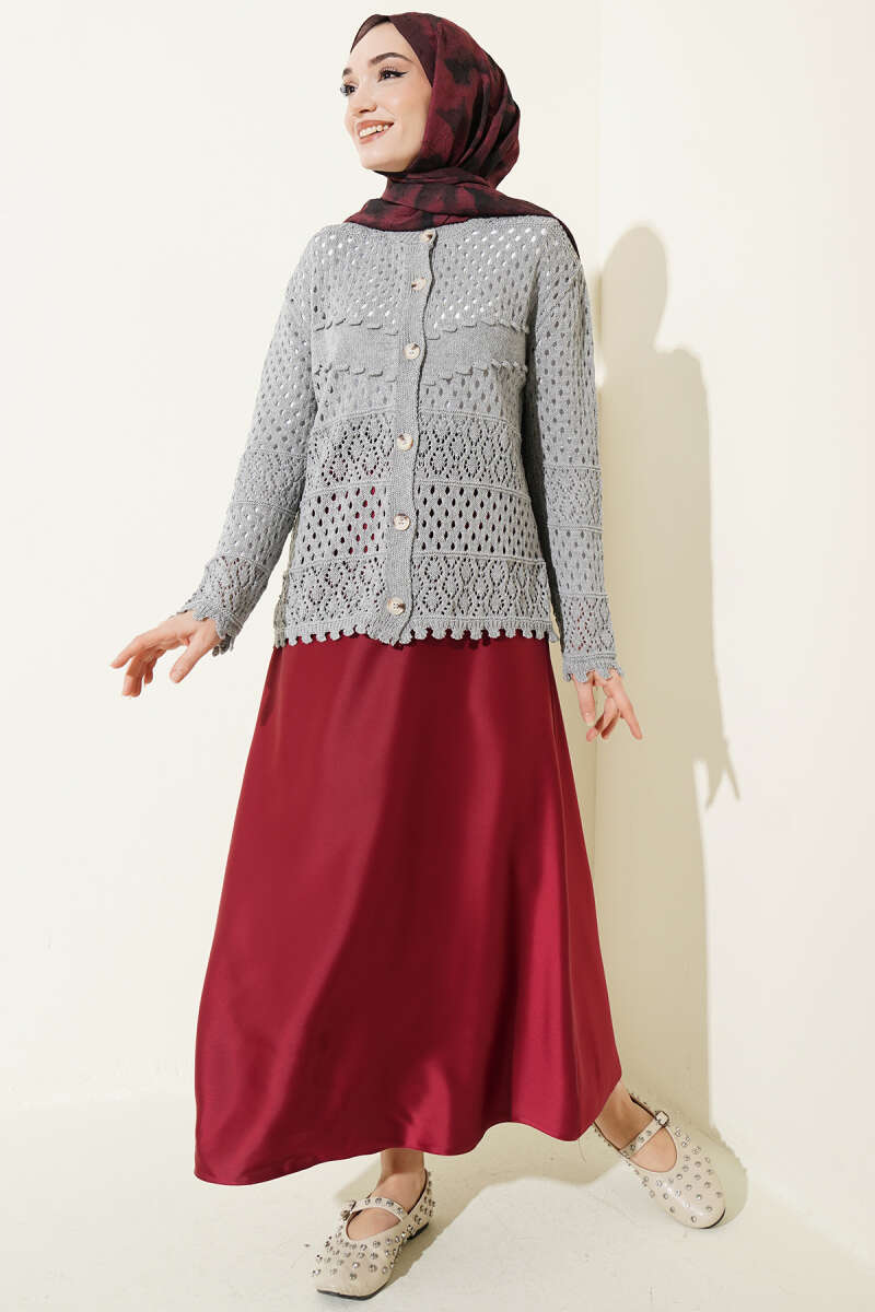 Button-Up Textured Short Knit Cardigan Grey – Image 2