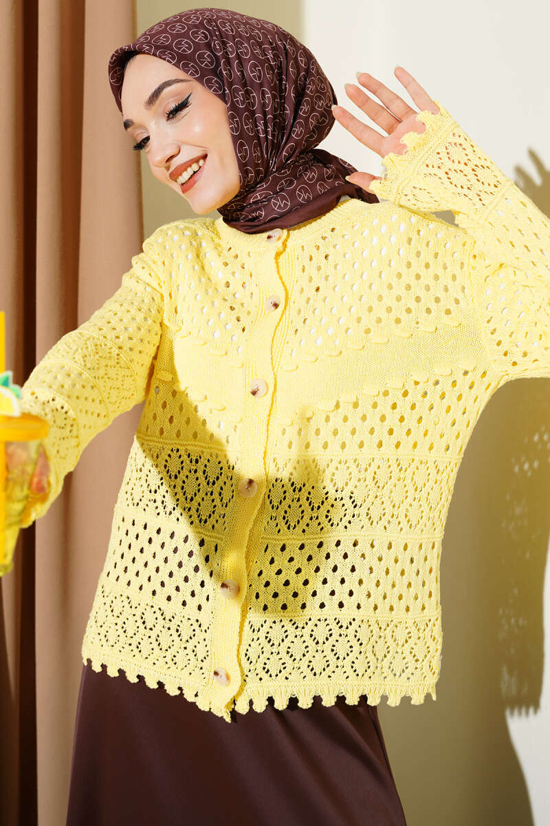 Button-Up Textured Short Knit Cardigan Yellow