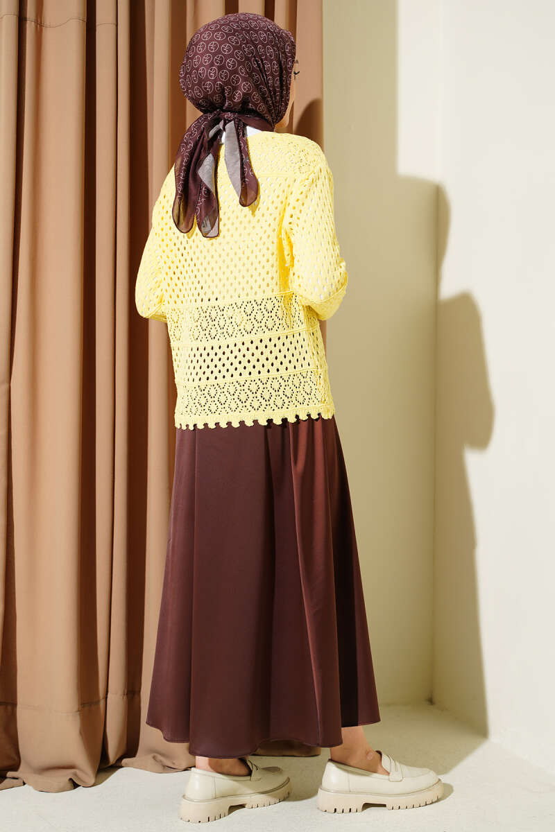 Button-Up Textured Short Knit Cardigan Yellow - Image 3
