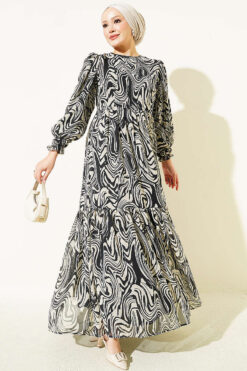 Layered Chiffon Dress with Abstract Print Black