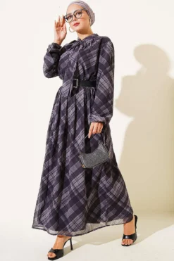 Checkered Belted Chiffon Dress