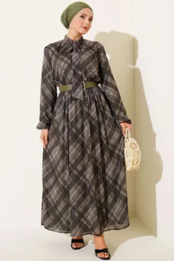Checkered Belted Chiffon Dress Khaki