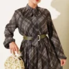 Checkered Belted Chiffon Dress Khaki - Image 2