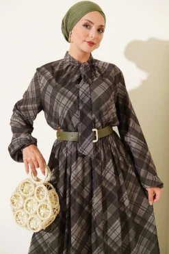 Alternatieve weergave van Checkered Belted Chiffon Dress Khaki