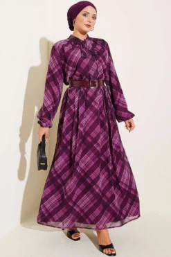Checkered Belted Chiffon Dress Plum