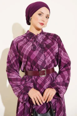 Alternatieve weergave van Checkered Belted Chiffon Dress Plum
