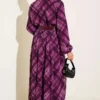 Checkered Belted Chiffon Dress Plum - Image 3