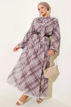 Checkered Belted Chiffon Dress Mink