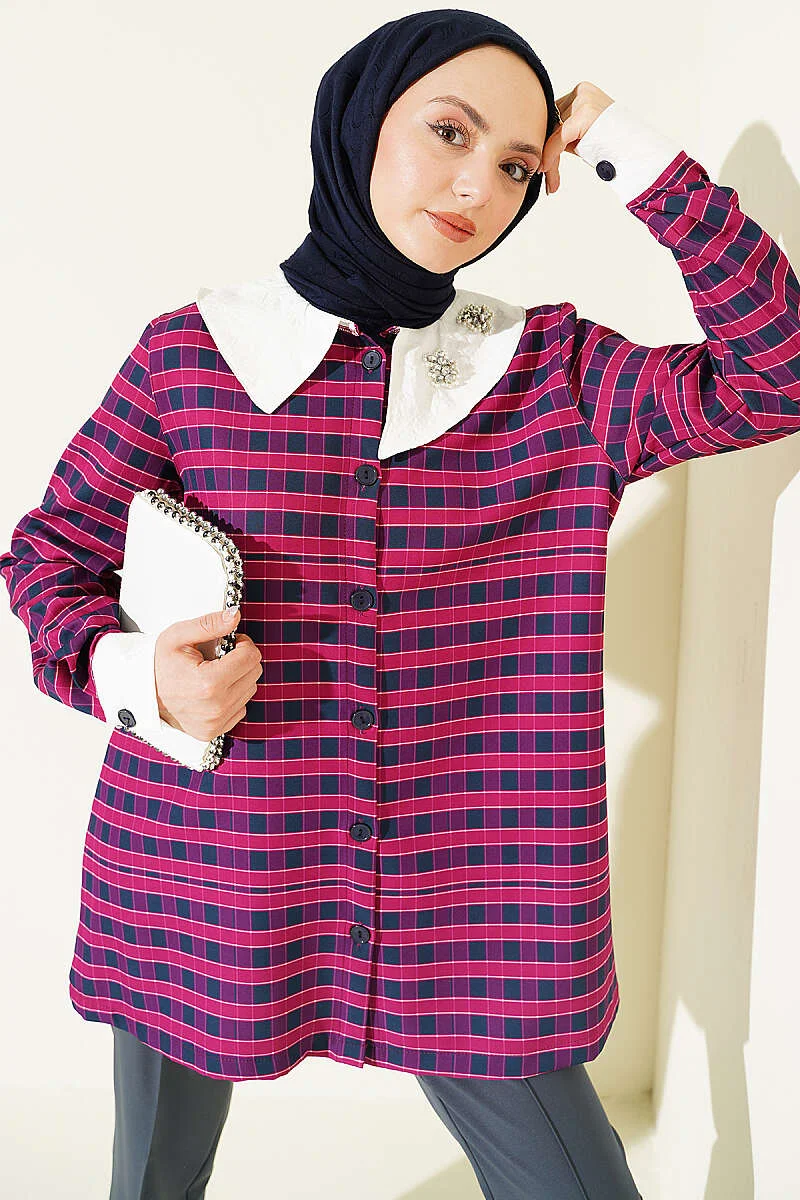 Plaid Asymmetrical Collar Shirt Plum