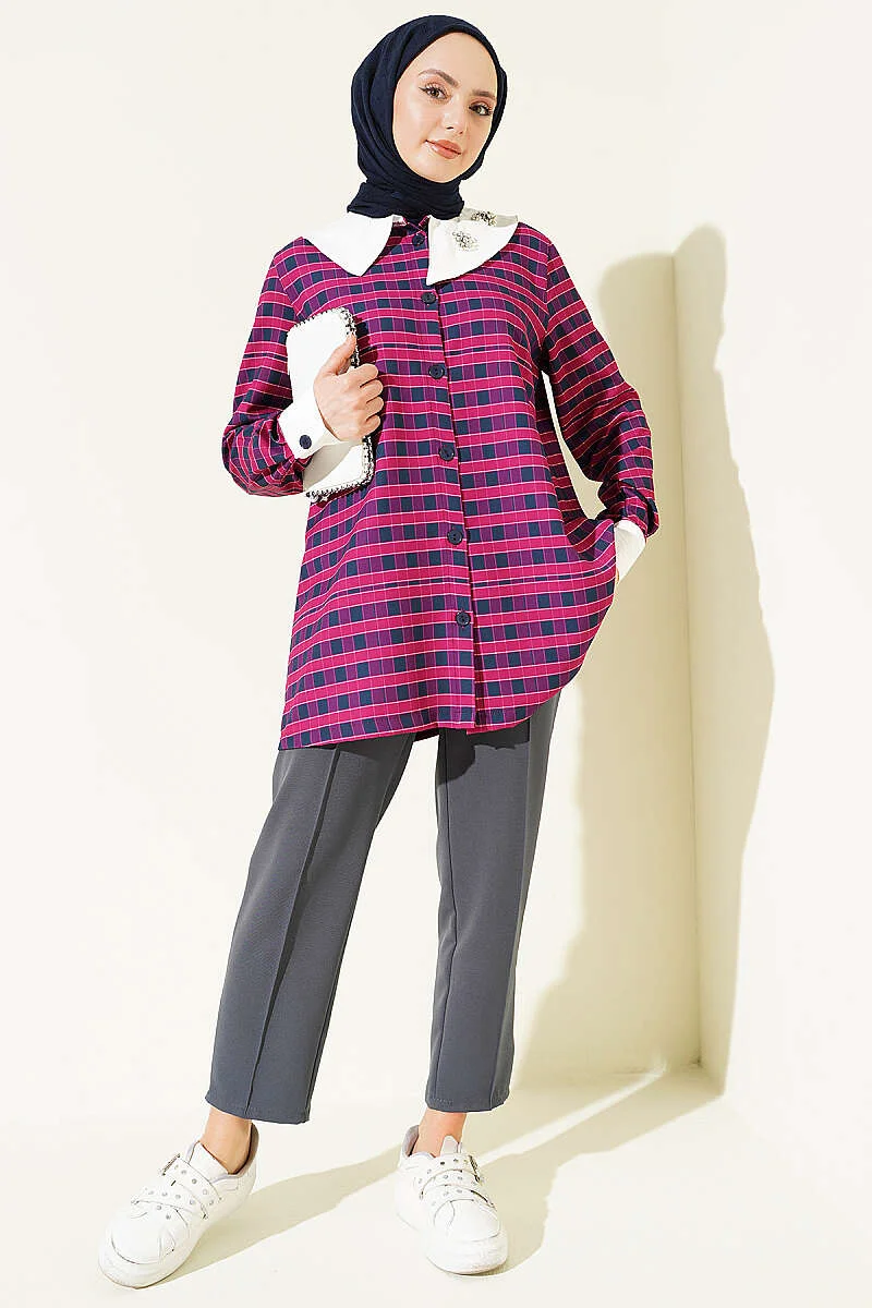 Plaid Asymmetrical Collar Shirt Plum - immagine 2