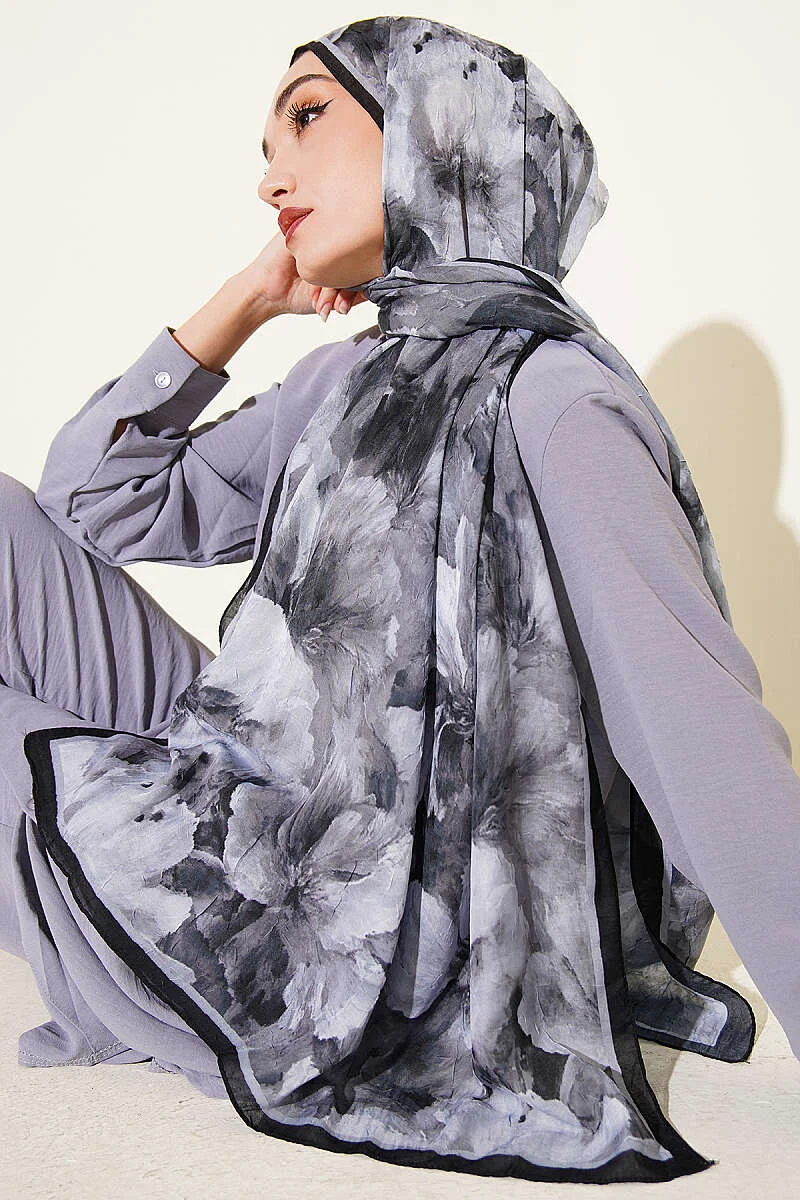 Floral Bamboo Crinkle Scarf with Stripe Details Black