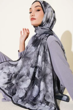 Alternative view of Floral Bamboo Crinkle Scarf with Stripe Details Black