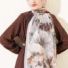 Floral Bamboo Crinkle Scarf with Stripe Details Grey