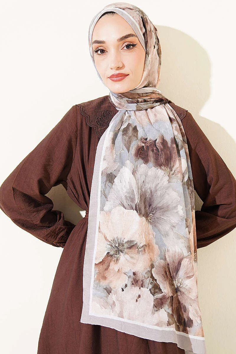 Floral Bamboo Crinkle Scarf with Stripe Details Grey