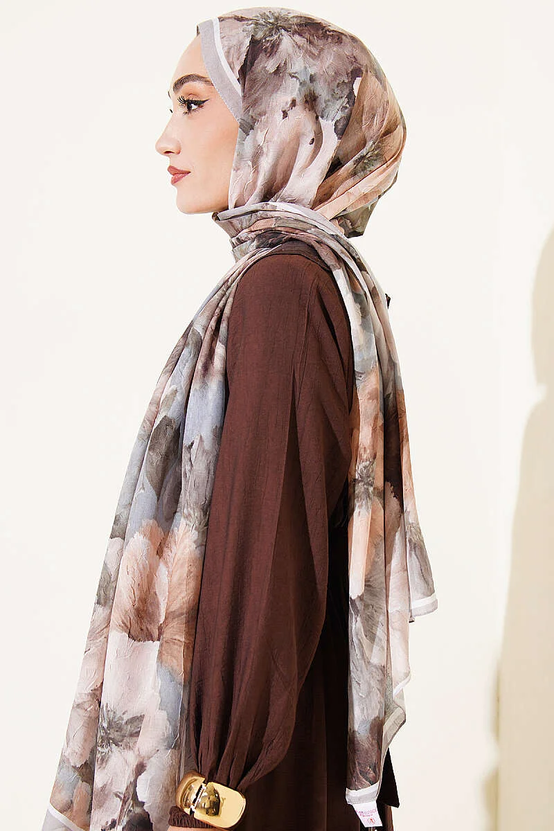 Floral Bamboo Crinkle Scarf with Stripe Details Grey - Afbeelding 3