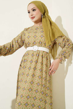 Alternative view of Gathered Hem Edge Relaxed Fit Chiffon Dress Oil Green