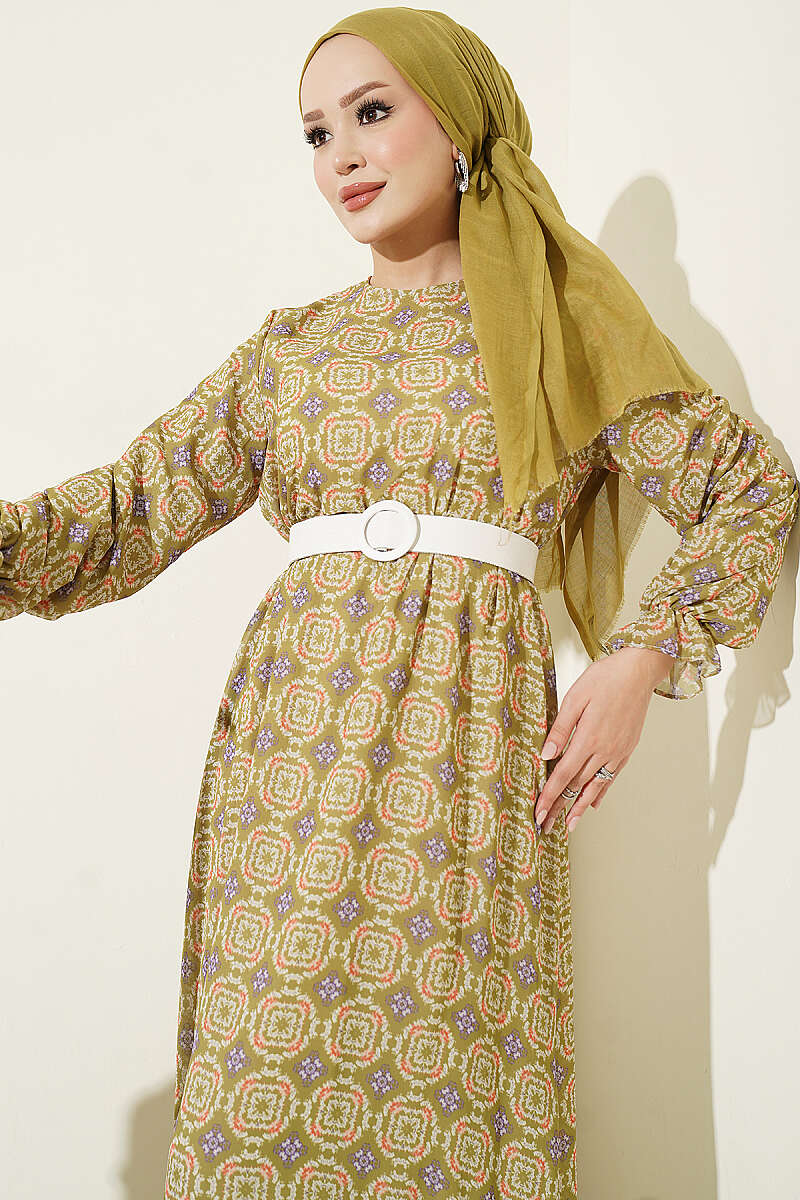 Gathered Hem Edge Relaxed Fit Chiffon Dress Oil Green – Bild 2