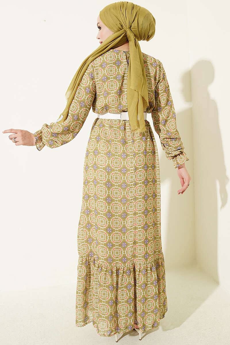 Gathered Hem Edge Relaxed Fit Chiffon Dress Oil Green – Bild 3