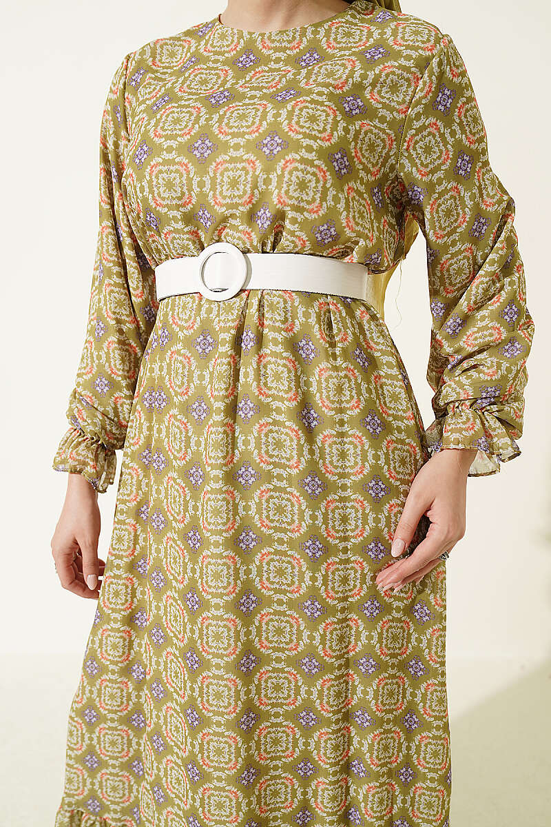 Gathered Hem Edge Relaxed Fit Chiffon Dress Oil Green – Bild 4