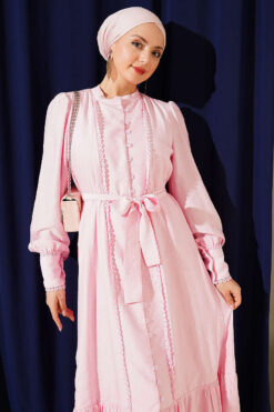 Alternative view of Pleated Belted Dress with Hem Edge Pink