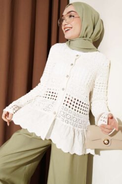 Short Cardigan with Hem Edge Lace and Openwork Details Cream