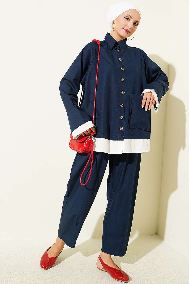 Buttoned Two-Piece Set with Ruffled Shoulder Detail Navy Blue - الصورة 5