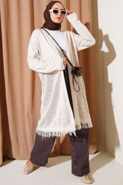Alternative view of Fringed Hem Openwork Cardigan Stone