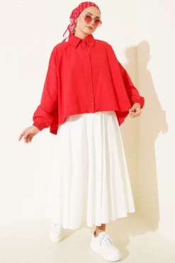 Alternative view of Relaxed Fit Hem Edge Tunic with Gathered Details Red