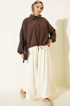 Alternative view of Relaxed Fit Hem Edge Tunic with Gathered Details Brown