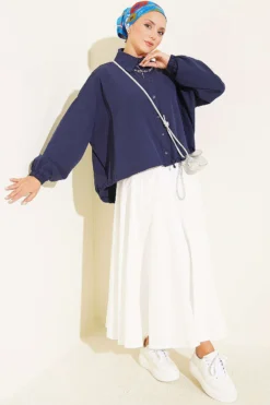 Alternative view of Relaxed Fit Hem Edge Tunic with Gathered Details Navy Blue