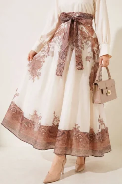 Ethnic Patterned Self-Belt Skirt Brown