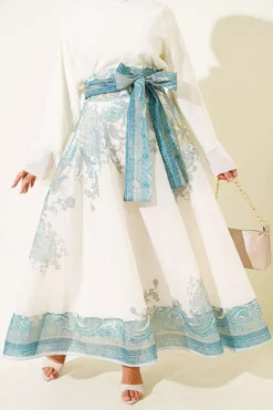 Ethnic Patterned Self-Belt Skirt Mint