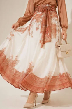 Ethnic Patterned Self-Belt Skirt Tan