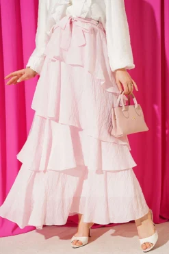 Ruffled Waistband Detail Chiffon Skirt with Hem Edge Pink