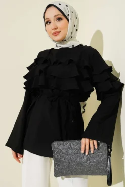 Ruffled Tie Waist Tunic Black