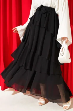 Ruffled Belt Detail Chiffon Skirt Black