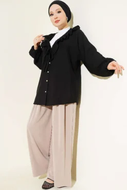 Alternative view of Ruffled V-Neck Shirt with Gold Buttons in Two-Piece Set Black