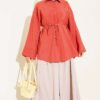 Laced Sleeve Tie Detail Shirt Terracotta - immagine 4