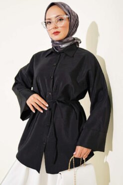 Laced Sleeve Tie Detail Shirt Black