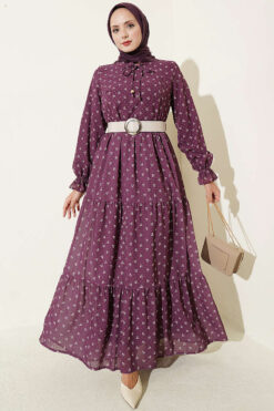 Ruffled Collar Floral Print Chiffon Dress Plum