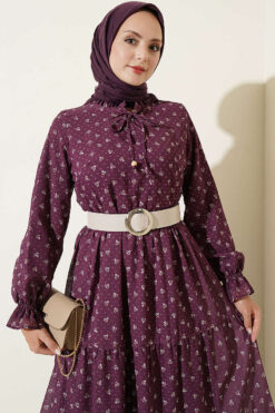 Alternative view of Ruffled Collar Floral Print Chiffon Dress Plum