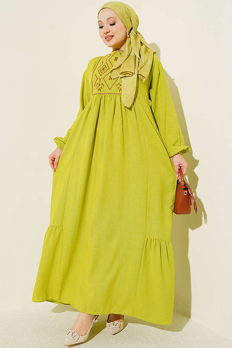 Embroidered Dress with Ankle Elastic Oil Green