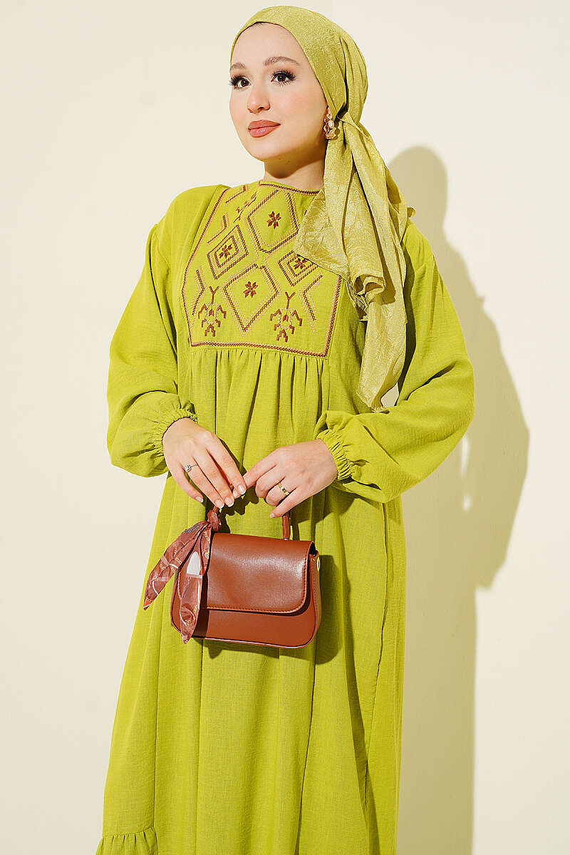 Embroidered Dress with Ankle Elastic Oil Green - immagine 2