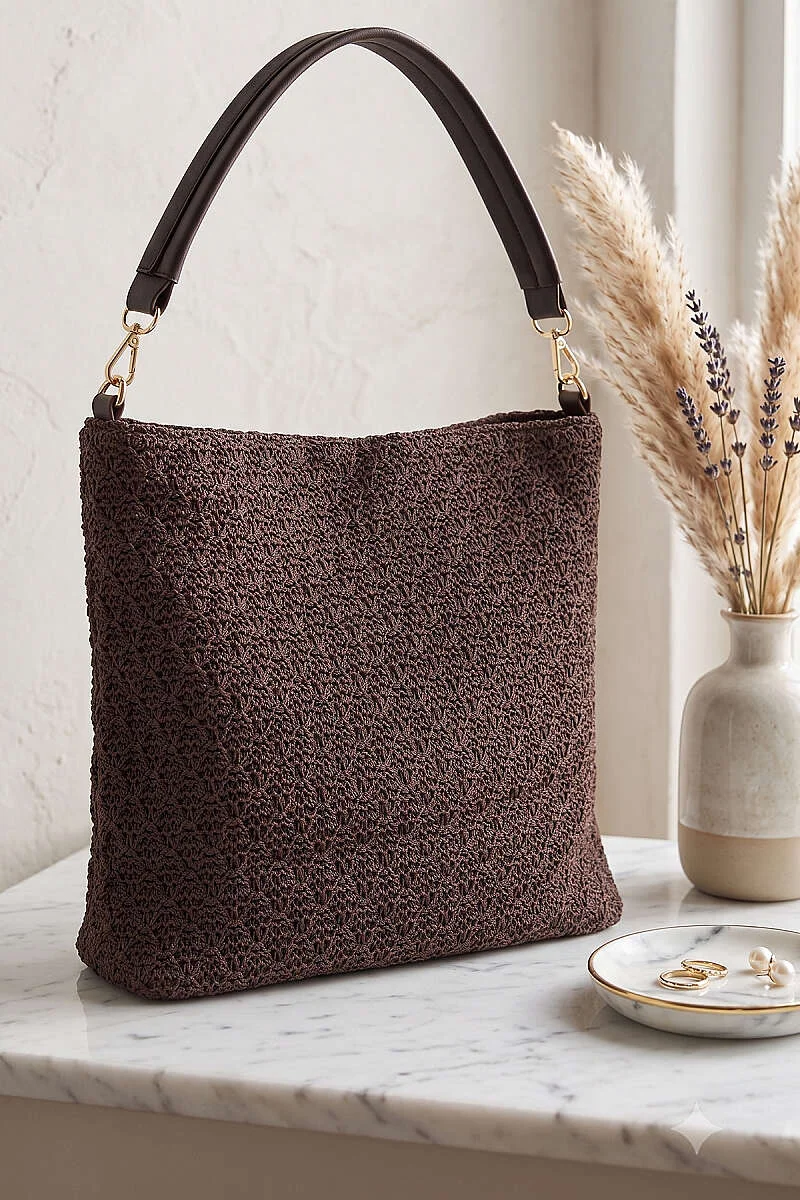 Zippered Large Knit Tote Bag Dark Brown