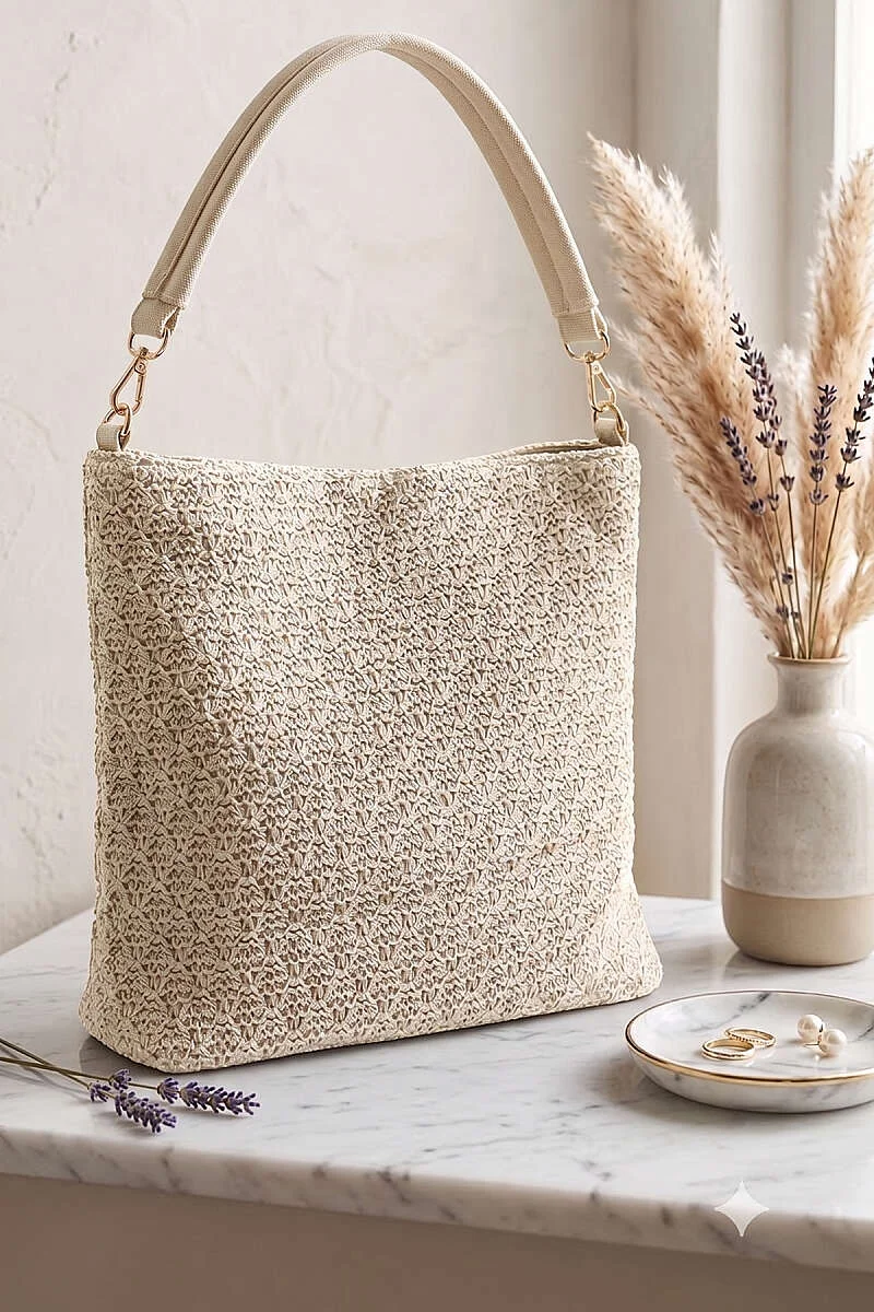Zippered Large Knit Tote Bag Ecru